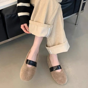 Xajzpa New Women Ballet Laofer Flat Shoes Fashion Shallow Slip on Ladies Fur Mary Jane Shoes Soft Outdoor Granny Shoes Zapatos Mujer